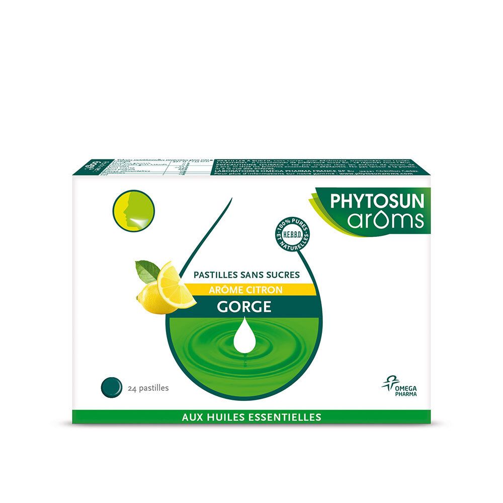 Boîte de pastilles Phytosun Arôms, goût citron, 24 unités. Illustration de citron et feuilles.