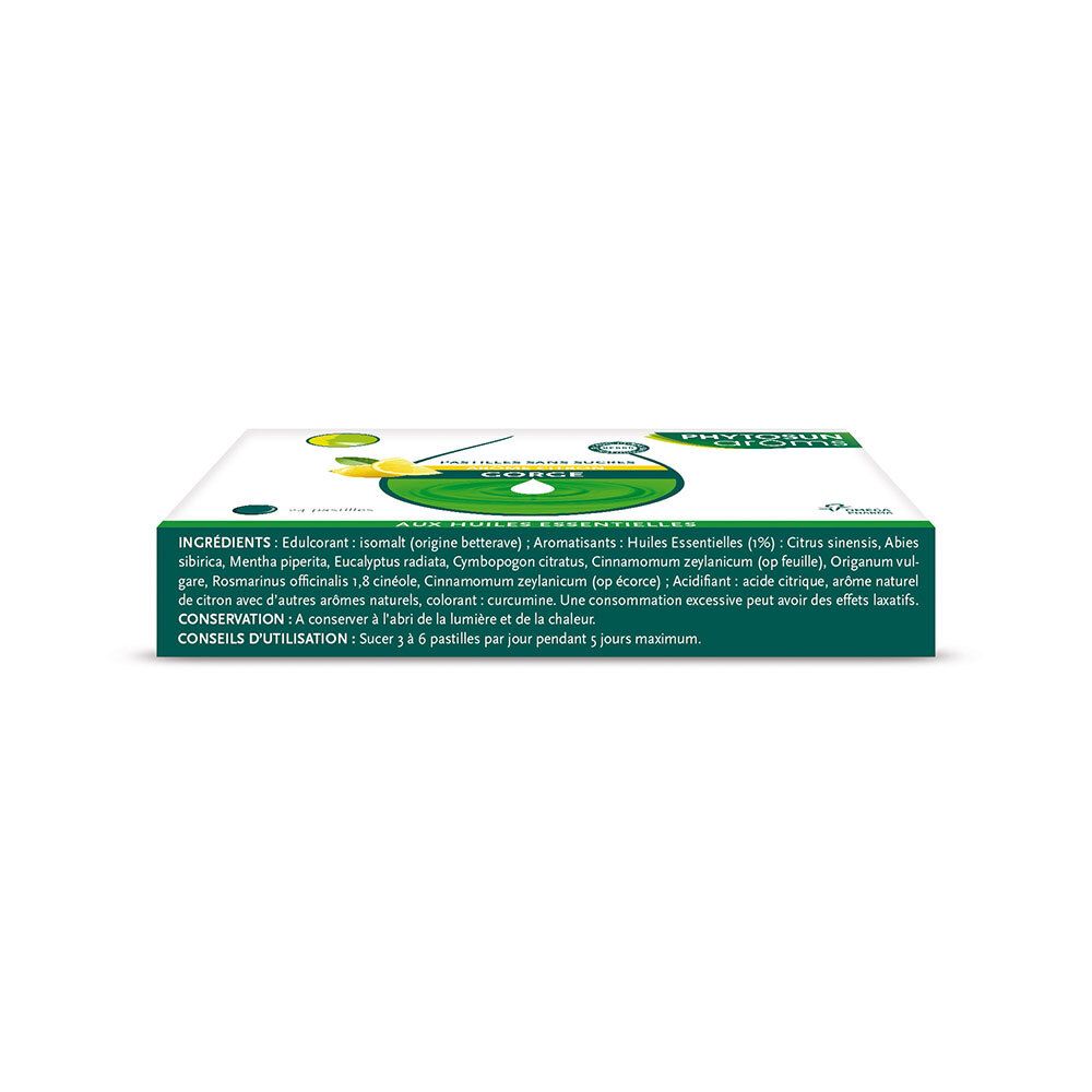 Vue latérale de la boîte de pastilles Phytosun Arôms. Ingrédients, valeurs nutritionnelles, précautions.