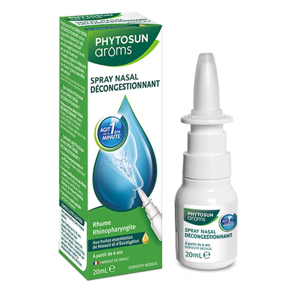 Spray nasal Phytosun Aroms et emballage. Spray blanc, emballage vert. Nom du produit et indications.