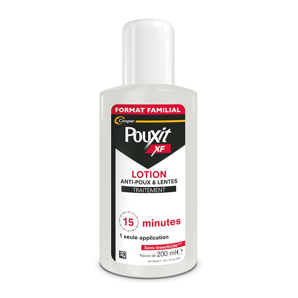 Flacon de Pouxit XF Lotion. Bouchon blanc, flacon transparent. Texte : Lotion Anti-poux & lentes.