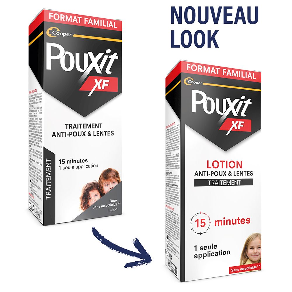 Comparaison des emballages Pouxit XF Lotion. À gauche : ancien emballage. À droite : nouvel emballage.
