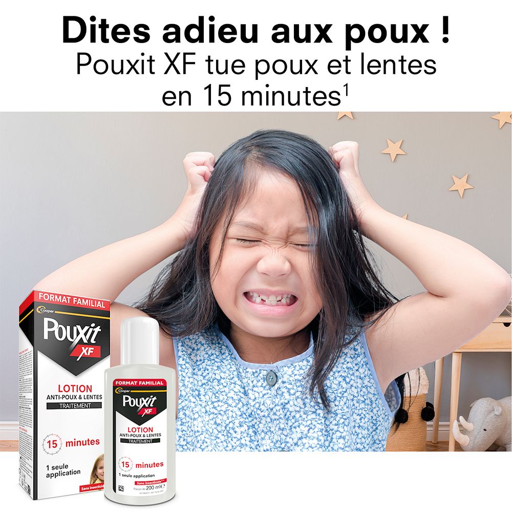 Fille avec Pouxit XF Lotion et emballage. Texte : Dites adieu aux poux !