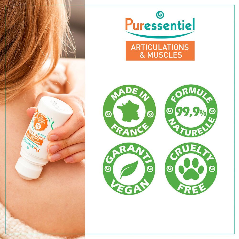 Personne appliquant le rouleau. Quatre logos verts: Fabriqué en France, 99,9% naturel, vegan, sans cruauté.