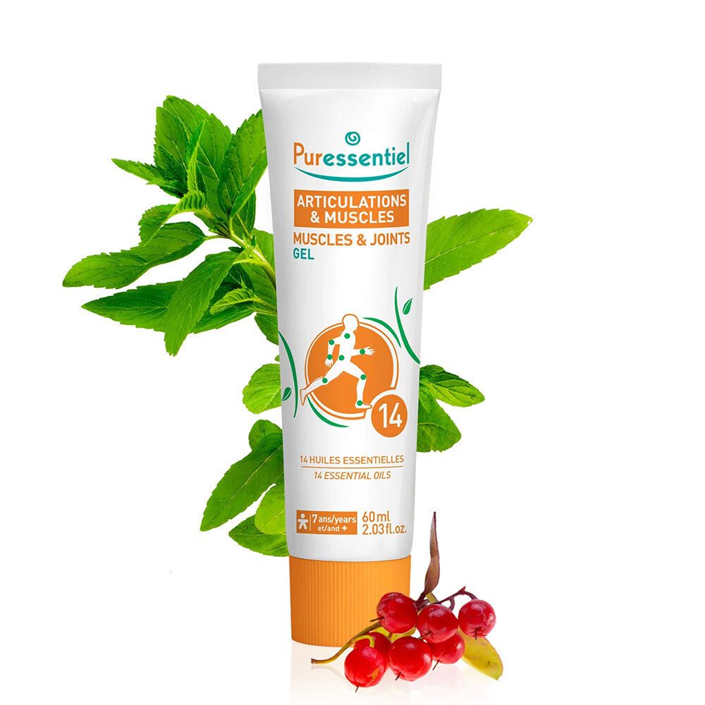 Tube de gel blanc, orange et vert. Texte: Articulations & Muscles, 14 huiles essentielles. Avec menthe et baies.