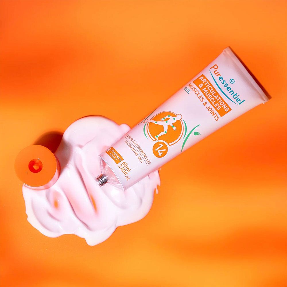 Tube de gel, bouchon orange. Gel sur fond orange. Texte: Articulations & Muscles, 14.