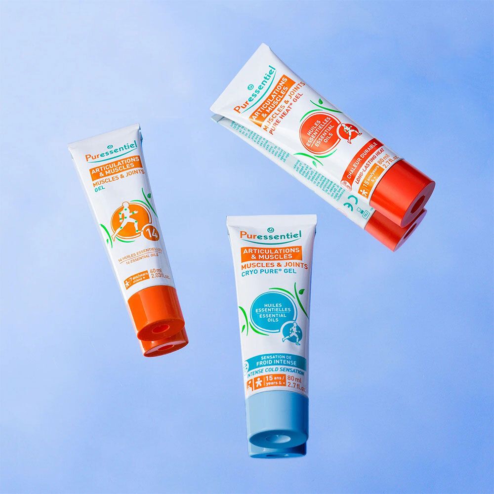 Trois tubes de gel. Blanc, bleu et orange. Texte: Articulations & Muscles, Cryo Pure Gel. Marque CE.