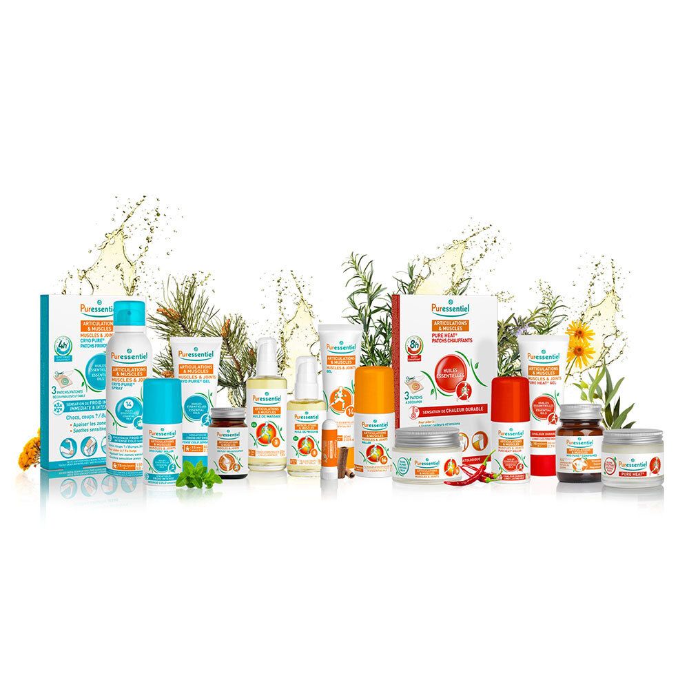 Divers produits. Flacons, tubes, pots. Orange, blanc, vert. Texte: Puressentiel. Plantes et herbes.