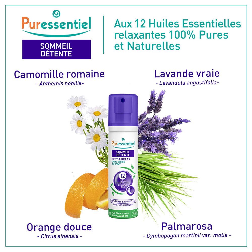 Produit aux 12 huiles essentielles. Camomille, lavande, orange et palmarosa. Marque: Puressentiel.