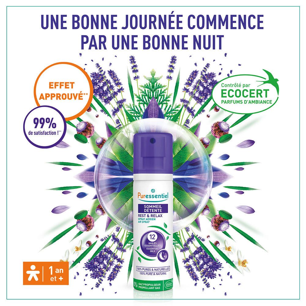Spray, bouchon violet. 12 huiles essentielles. Lavande et certification.