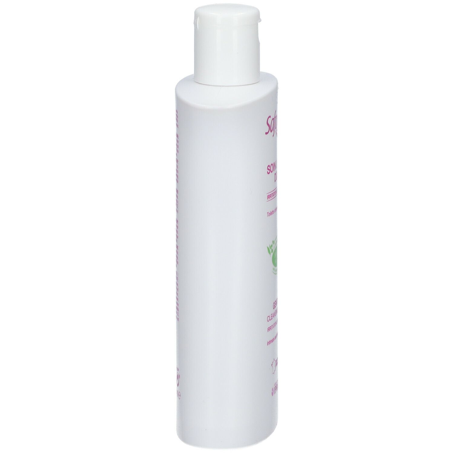 Weiße Flasche Saforelle, Seitenansicht. Aufschrift: SOIN LAVANT DOUX, Gentle Cleansing Care. Weißer Deckel.