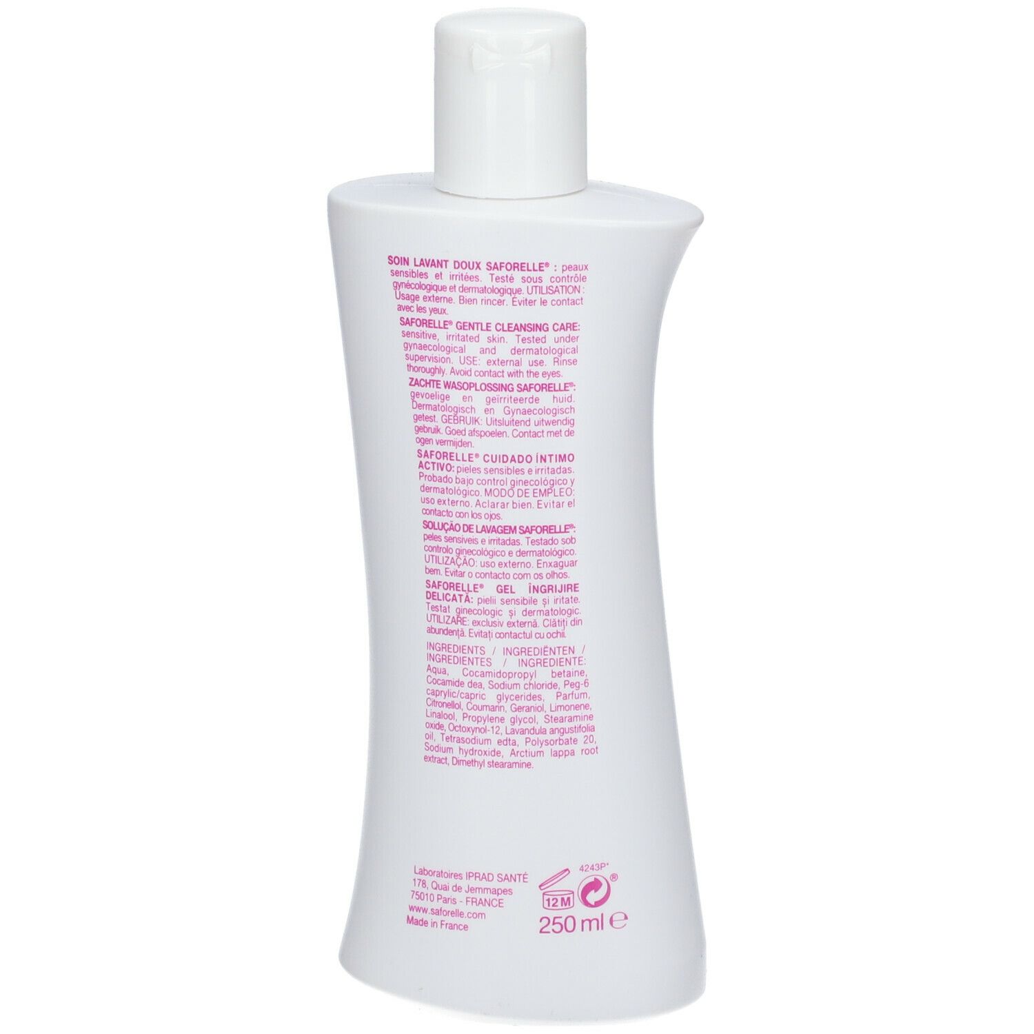 Rückseite der weißen Saforelle-Flasche. Text in mehreren Sprachen. 250 ml. Weißer Deckel.
