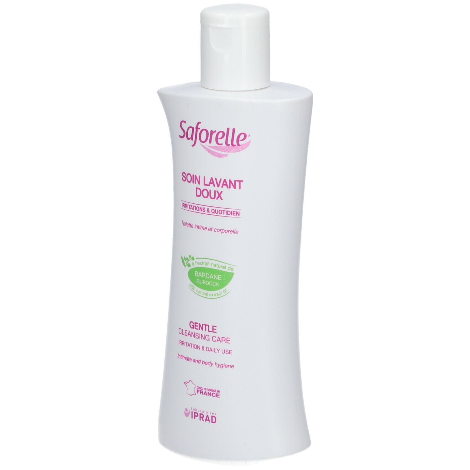 Weiße Flasche mit Saforelle-Etikett. Aufschrift: SOIN LAVANT DOUX, Irritations & quotidien, Gentle Cleansing Care.