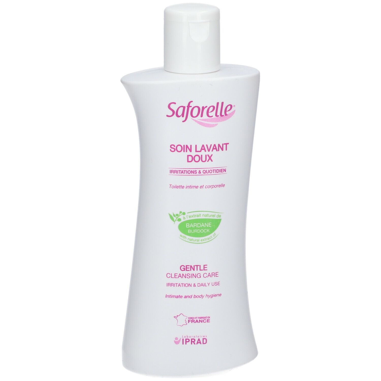 Weiße Flasche mit Saforelle-Etikett. Aufschrift: SOIN LAVANT DOUX, Irritations & quotidien, Gentle Cleansing Care.