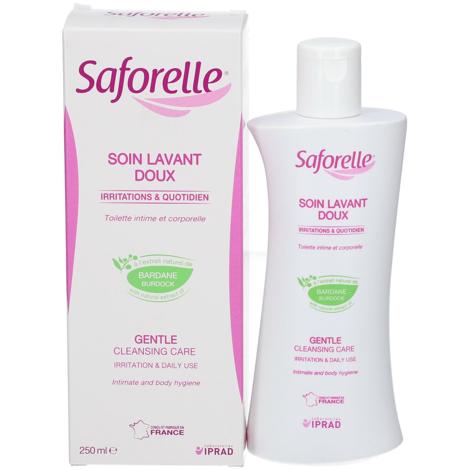Saforelle-Produkt und Verpackung. Aufschrift: SOIN LAVANT DOUX, Irritations & quotidien, Gentle Cleansing Care. 250 ml.