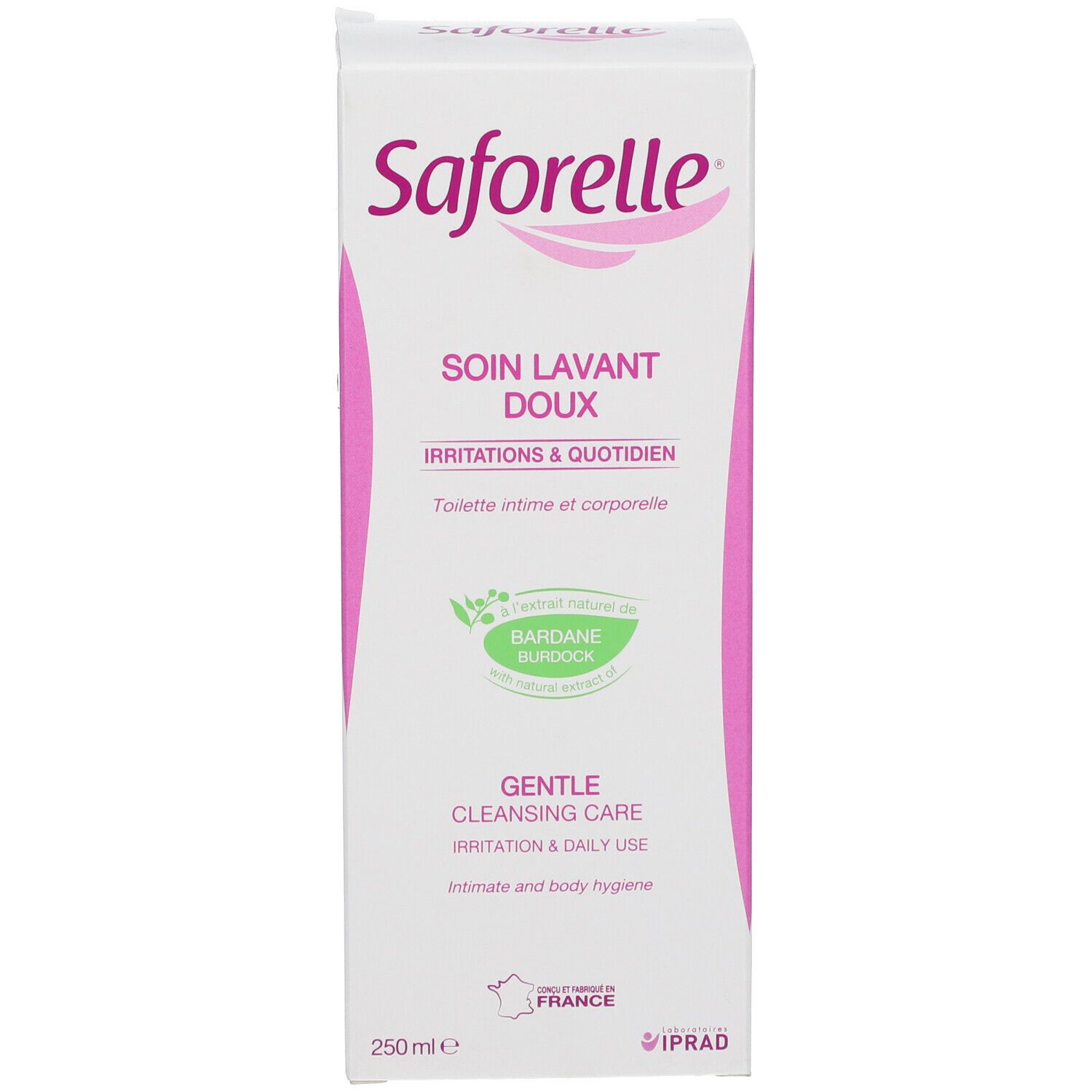 Saforelle-Verpackung. Aufschrift: SOIN LAVANT DOUX, Irritations & quotidien, Gentle Cleansing Care. 250 ml.