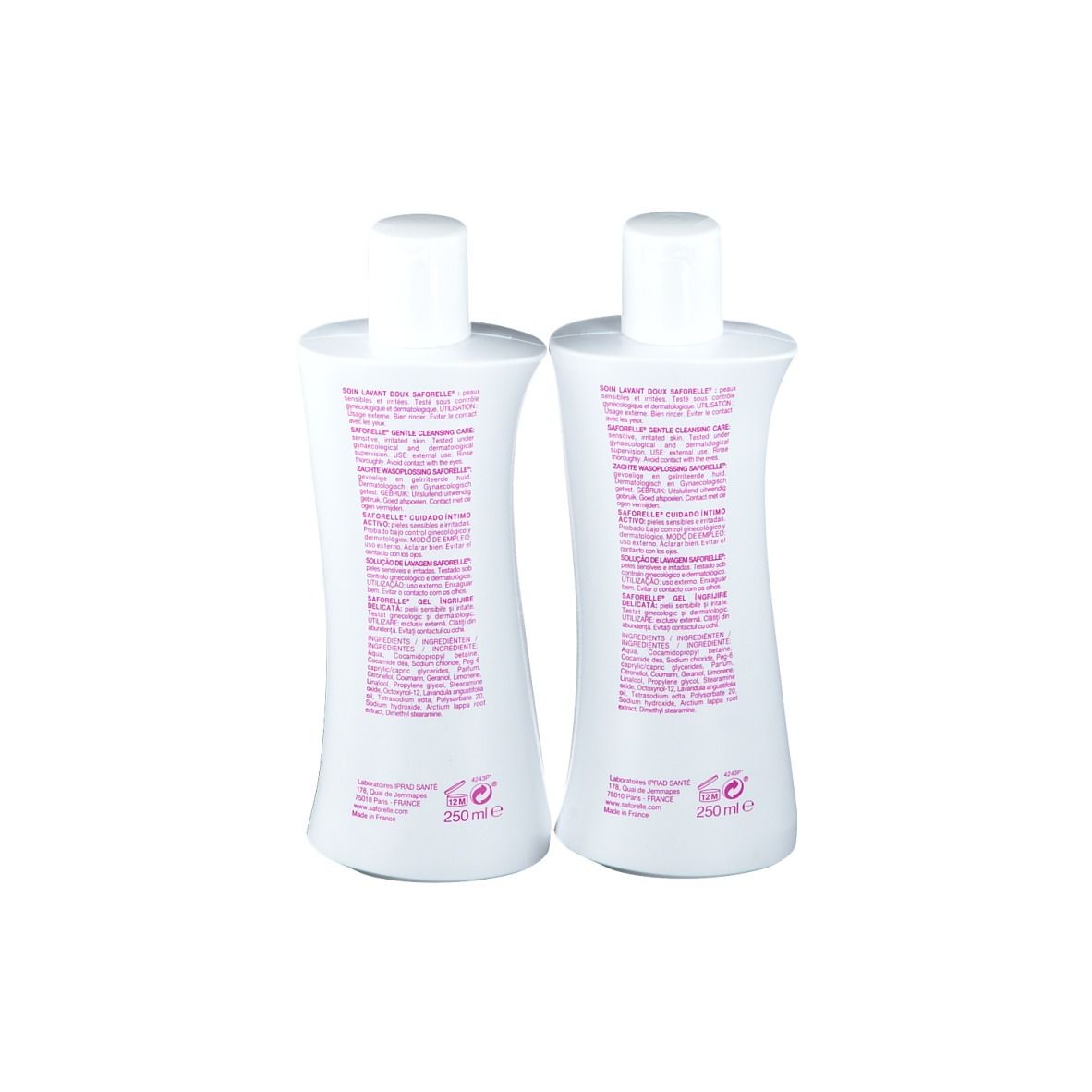 Dos de deux flacons blancs Saforelle. Texte et informations. En bas: 250 ml.