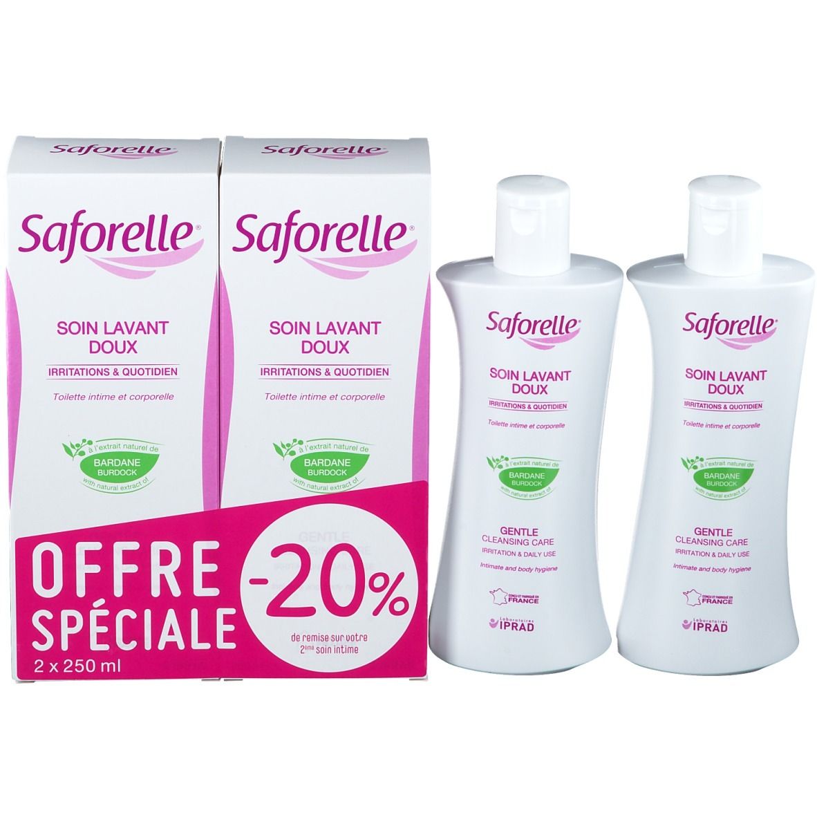 Deux boîtes et deux flacons Saforelle. Inscription: Soin Lavant Doux. Offre -20%.