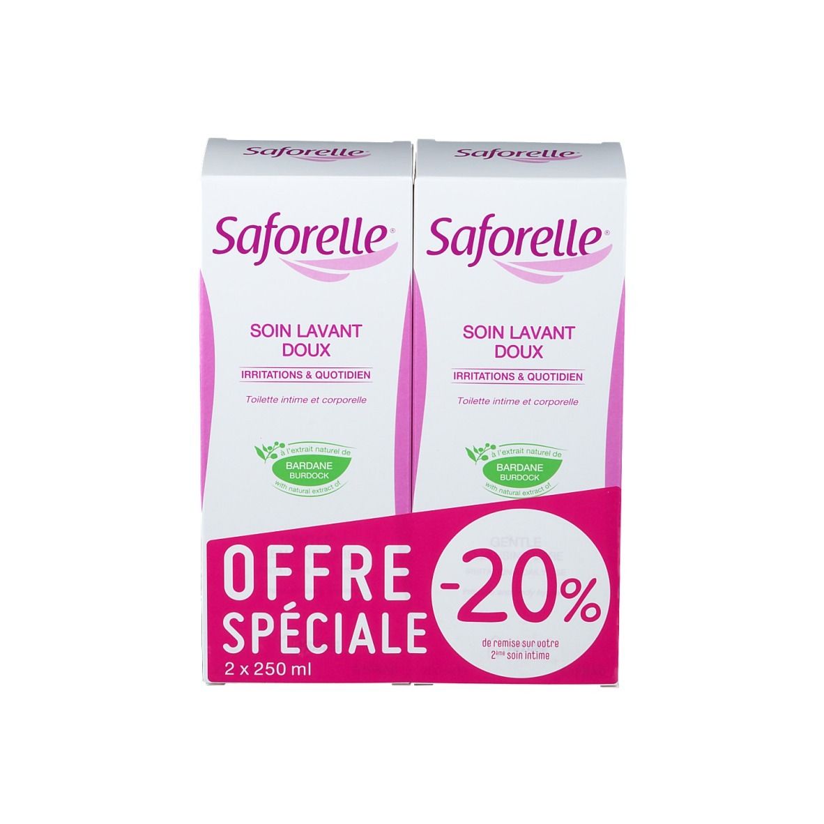 Deux boîtes Saforelle. Inscription: Soin Lavant Doux. Offre -20%. 2 x 250 ml.