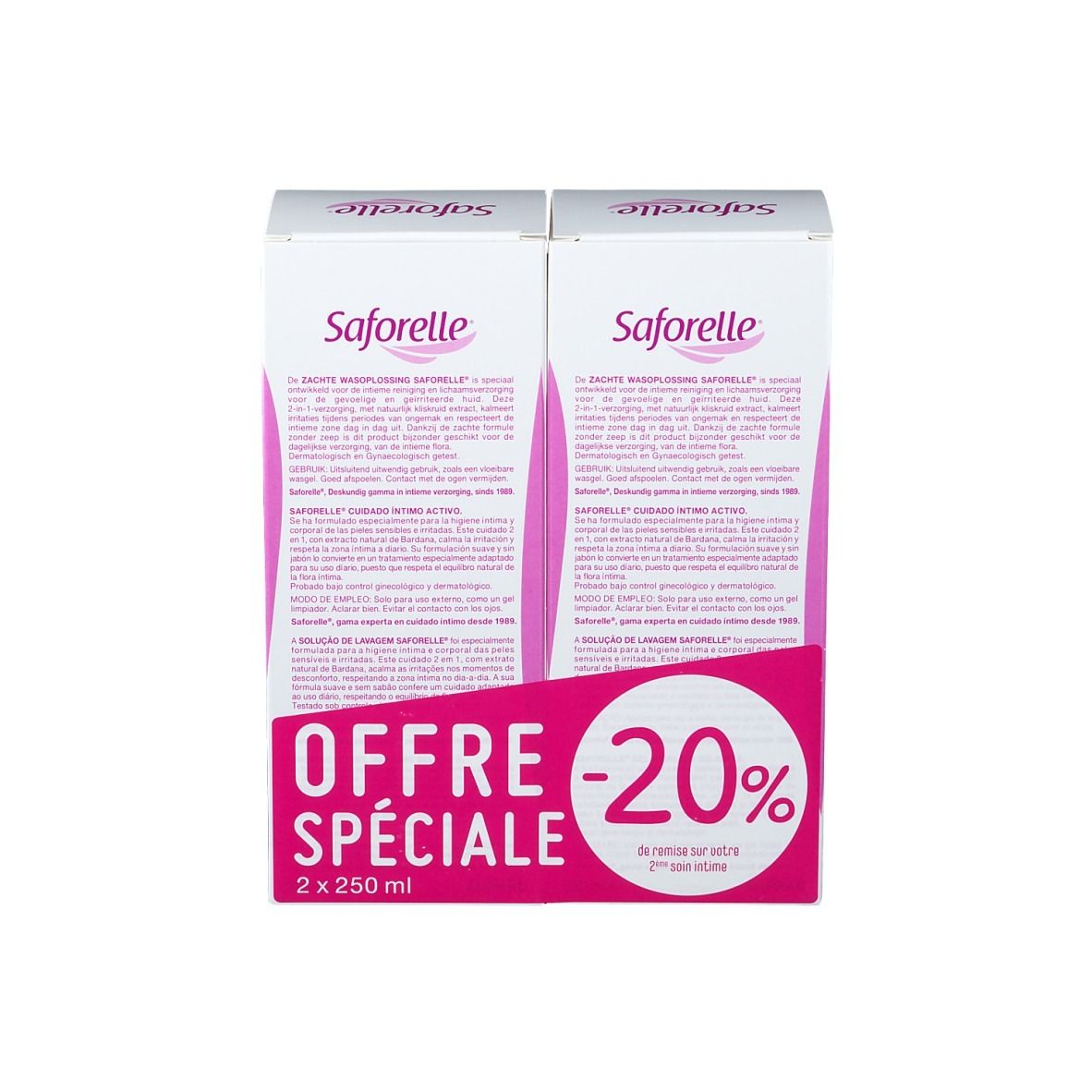 Deux boîtes Saforelle. Inscription: Soin Lavant Doux. Offre -20%. 2 x 250 ml.