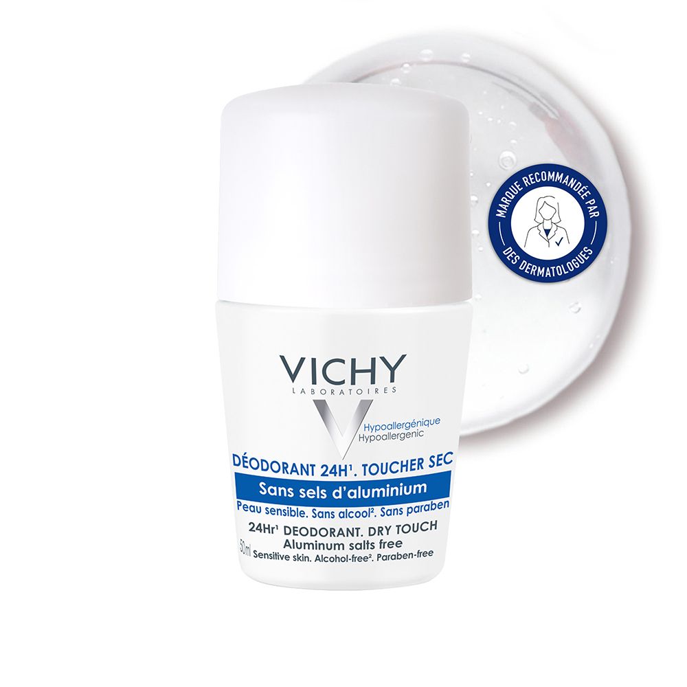 Vichy Deodorant, weißes Roll-on. Aufschrift: 24H, Trockener Griff, ohne Aluminiumsalze. Dermatologisch getestet.