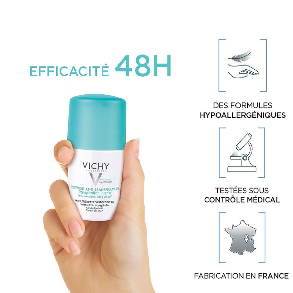Hand hält Vichy Roll-On. 48h Wirksamkeit, hypoallergen, unter medizinischer Kontrolle getestet. Hergestellt in Frankreich.
