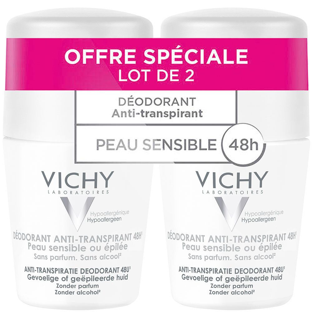 Zwei VICHY Antitranspirant Deodorant Roll-ons. Rosa Aufkleber mit Text: "OFFRE SPÉCIALE LOT DE 2".