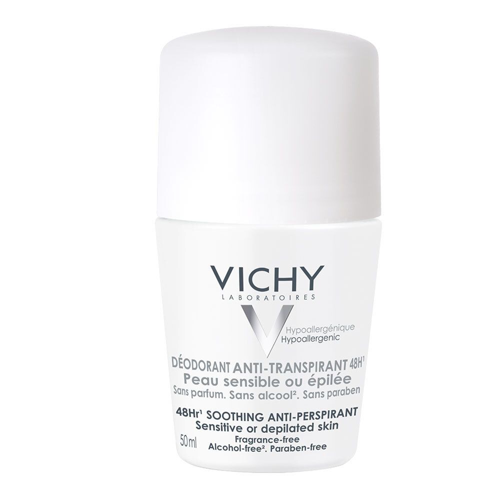 Weißer Roll-on-Deodorant von VICHY. Text: "DÉODORANT ANTI-TRANSPIRANT 48H Peau sensible ou épilée".