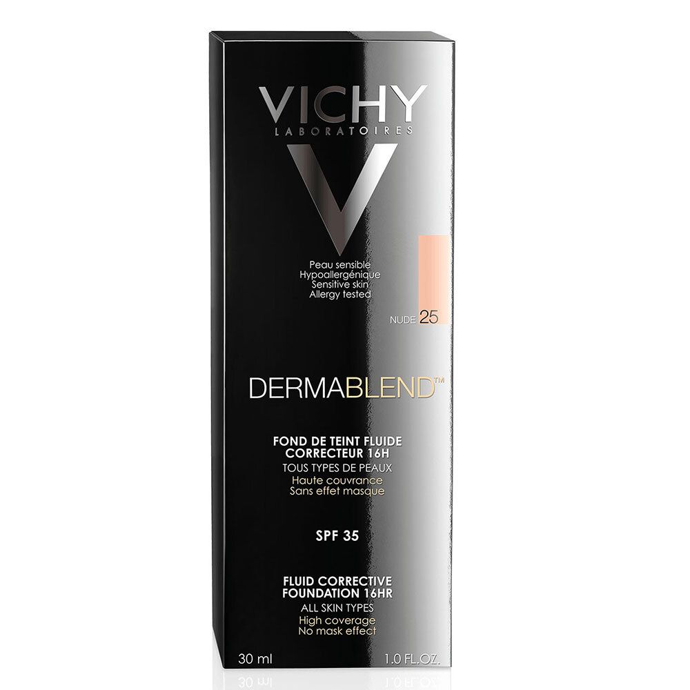 Vichy Dermablend Make-up Nr. 25 Nude. Schwarze Verpackung mit Produktinformationen.