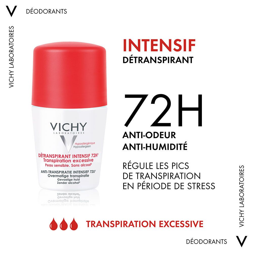 Roll-on Vichy Détranspirant Intensif 72h. Couvercle rouge, flacon blanc. Texte : 72H, Anti-odeur, Anti-humidité, Transpiration excessive.