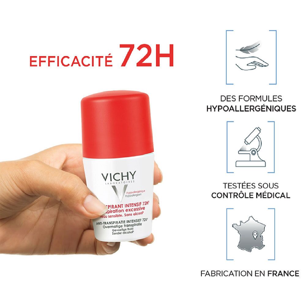 Main tenant un roll-on Vichy Détranspirant Intensif 72h. Texte : 72H, hypoallergénique, testé sous contrôle médical, fabriqué en France.