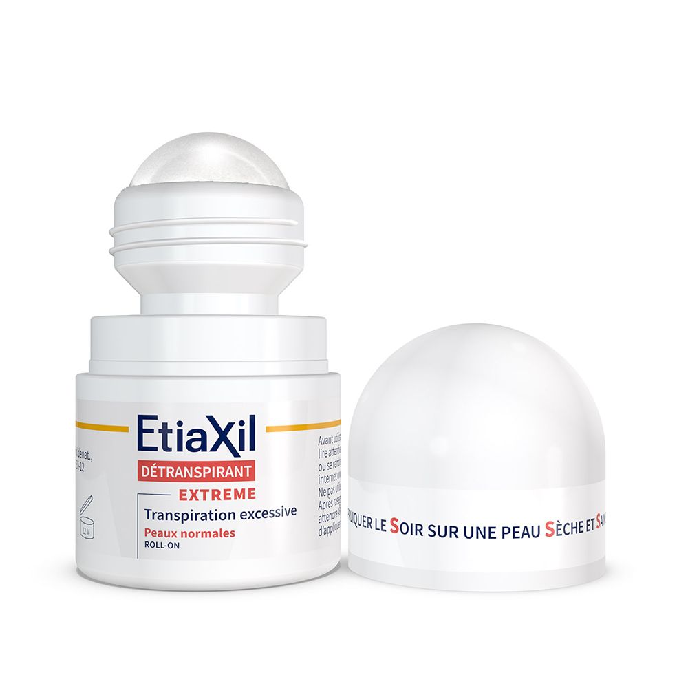 Etiaxil Deo-Roll-On. Roll-on kop en houder. Productnaam en 'DÉTRANSPIRANT' zijn zichtbaar. Deksel ernaast.