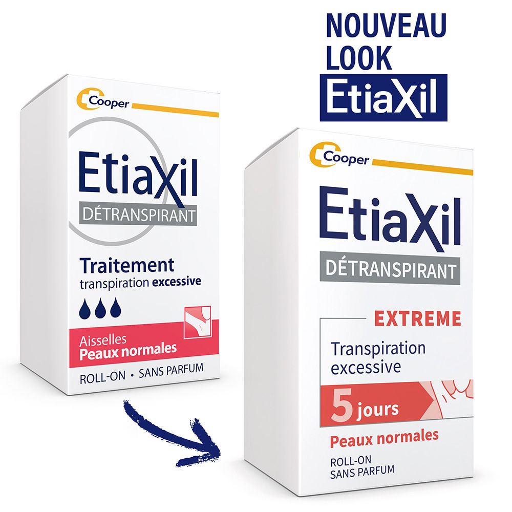 Twee Etiaxil verpakkingen. Links: 'Traitement transpiration excessive'. Rechts: 'Extreme' en '5 jours'.