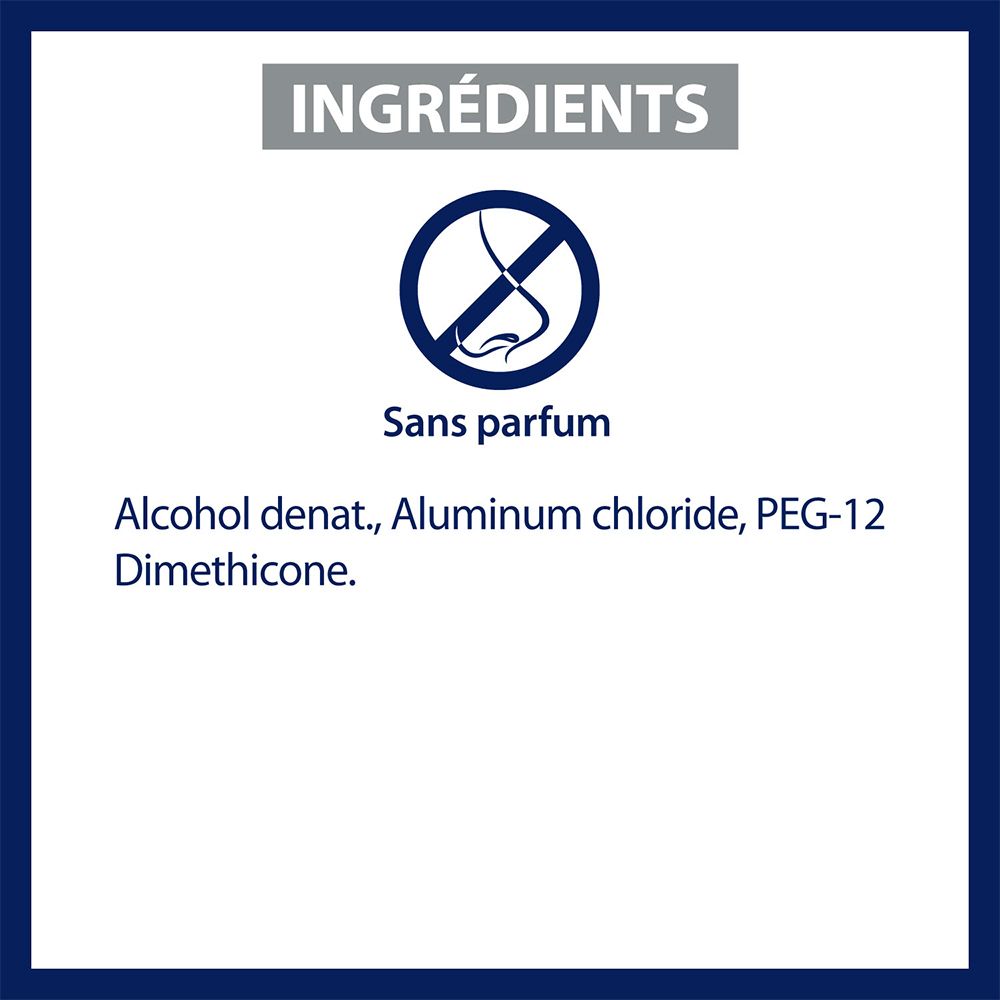 Samenstelling Etiaxil Deo-Roll-On. 'Sans parfum'. Ingrediënten: Alcohol denat., Aluminum chloride, PEG-12 Dimethicone.