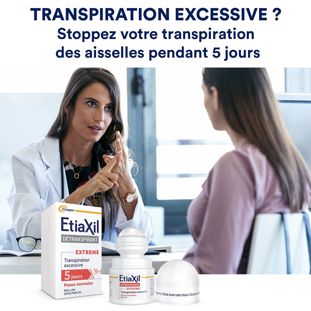 Artsconsult. Etiaxil Deo-Roll-On en verpakking. Productnaam en '5 jours' zijn zichtbaar.