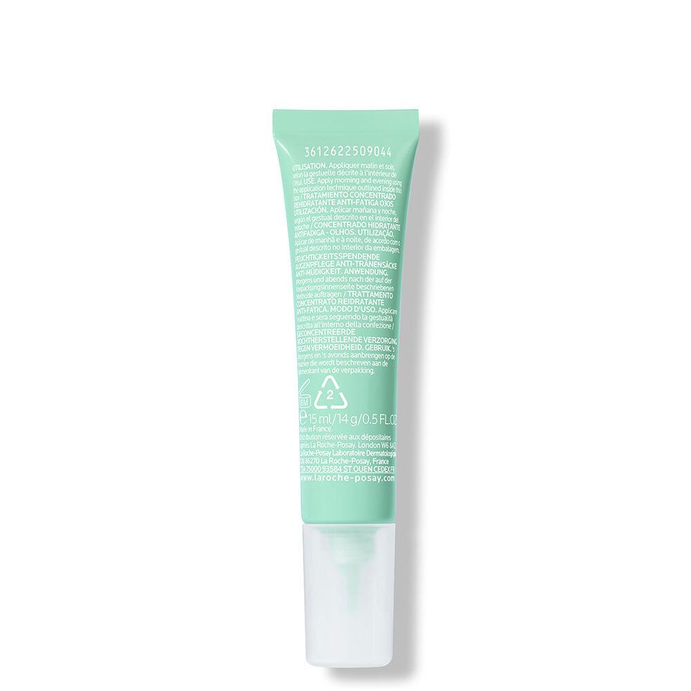 Dos du tube de crème pour les yeux. Texte multilingue. Ingrédients et informations d'élimination.