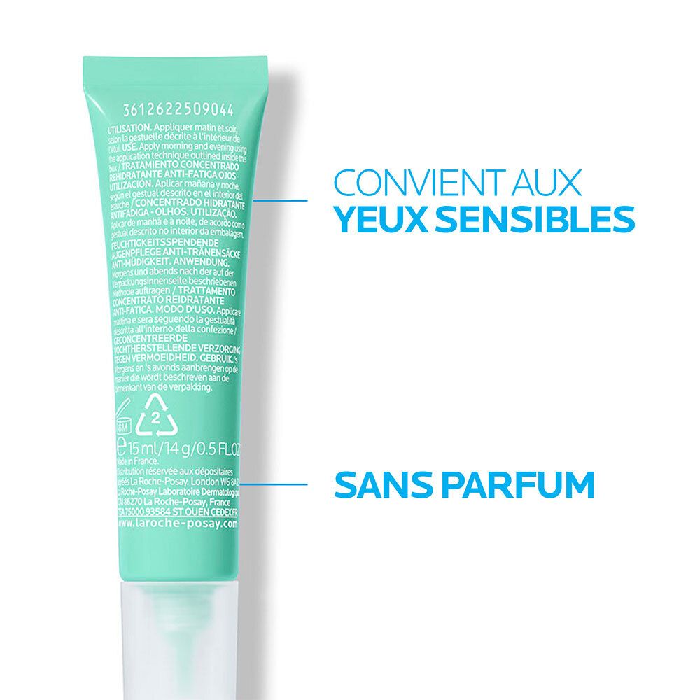 Dos du tube. Texte : Pour les yeux sensibles, sans parfum. Informations d'élimination.