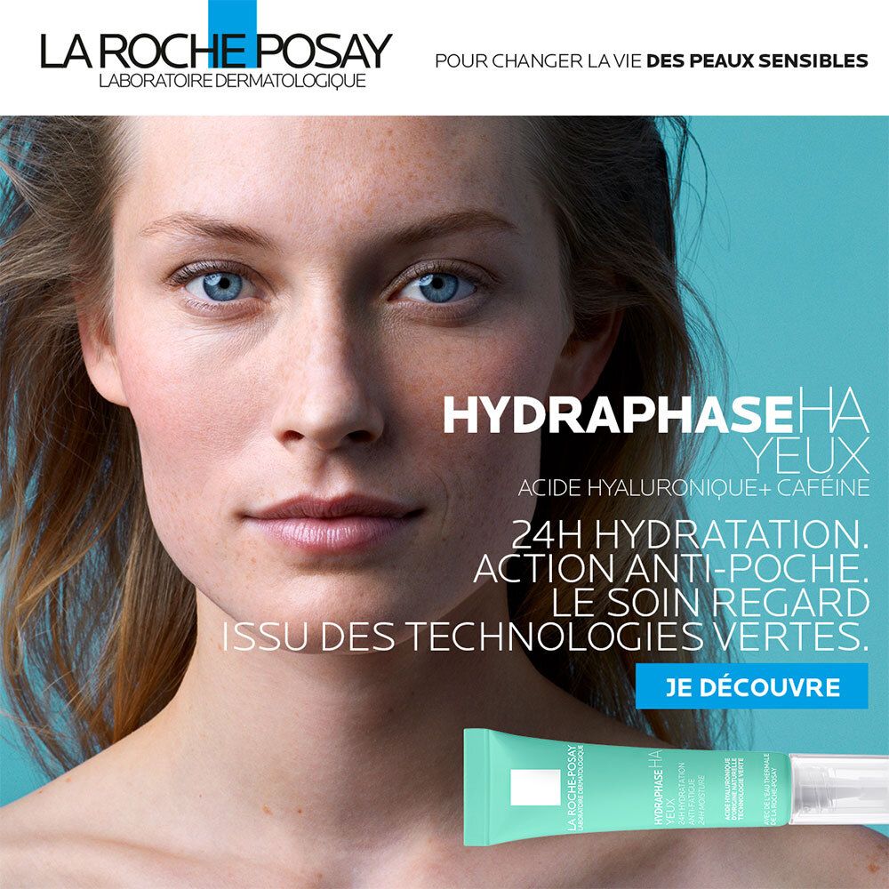 Femme au visage aux yeux bleus. Texte : Hydraphase HA, 24h Hydratation. Tube de produit en bas.