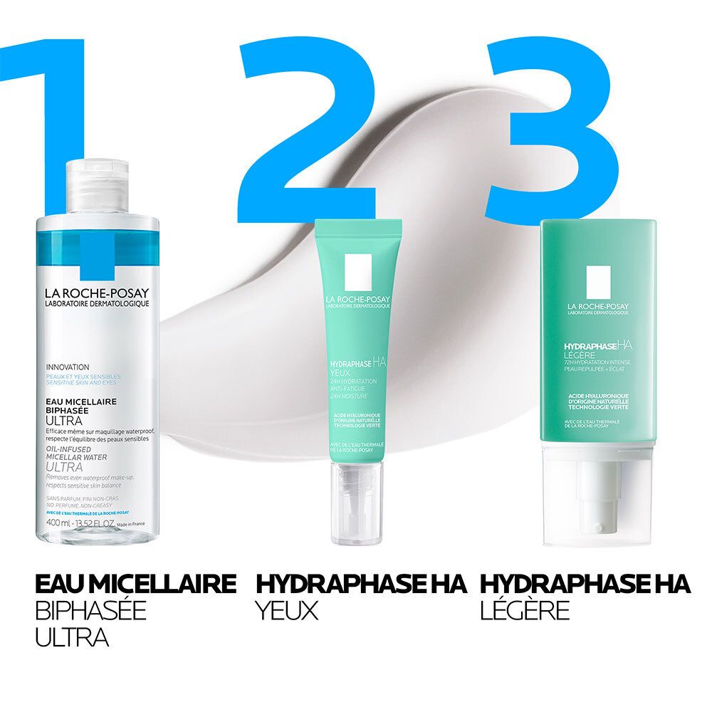 Trois produits : eau micellaire, crème pour les yeux, crème légère. Noms de produits et logos de marques visibles.