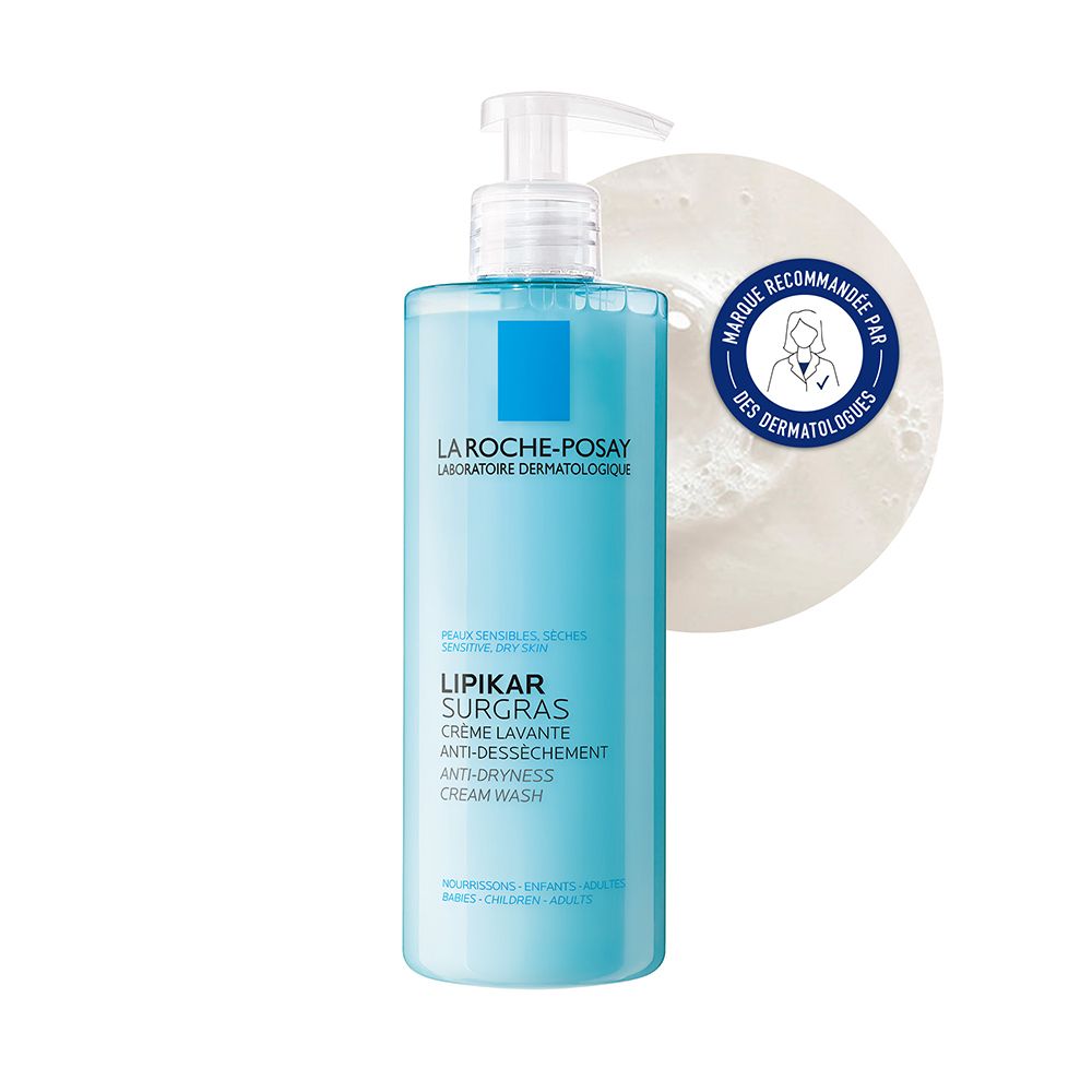 Flacon bleu transparent avec pompe. Inscription : LA ROCHE-POSAY, LIPIKAR SURGRAS Crème Lavante. Recommandé par les dermatologues.