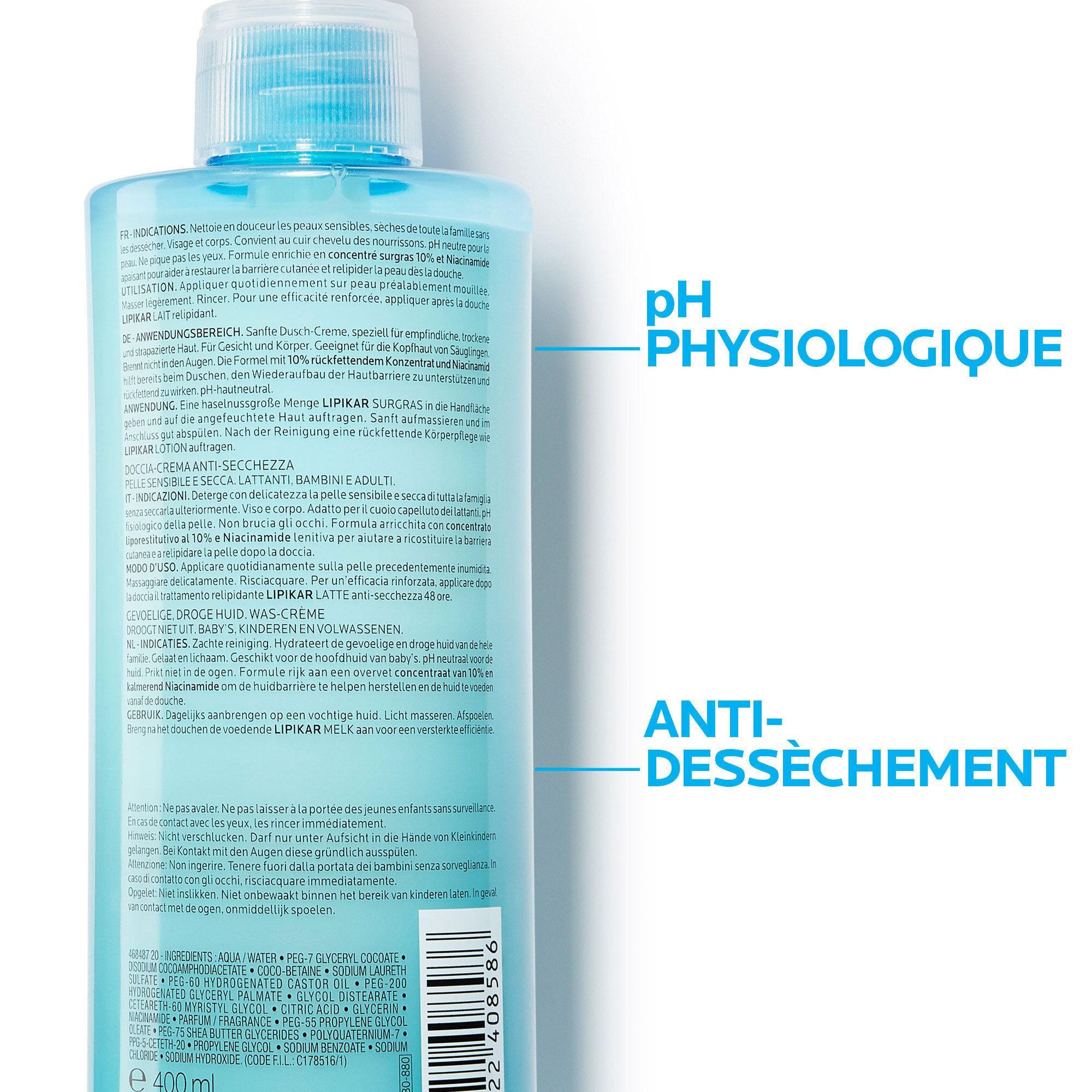 Dos du flacon. Inscription : pH PHYSIOLOGIQUE, ANTI-DESSECHEMENT. Ingrédients et instructions d'utilisation.