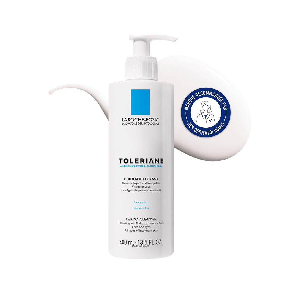 Flacon blanc avec pompe, La Roche-Posay Toleriane. Sceau rond : Marque recommandée par les dermatologues.