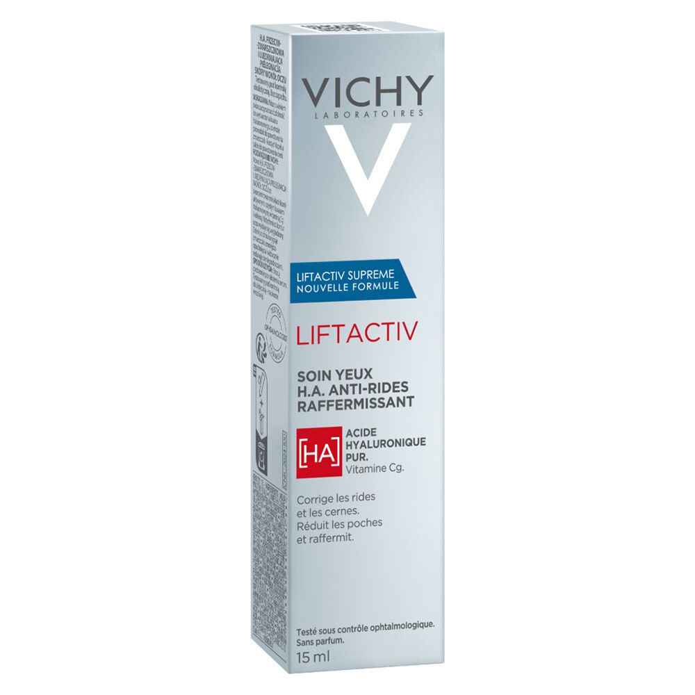 Vichy LiftActiv Augencreme-Verpackung. Weißer Karton mit Produktinformationen. Aufschrift: LiftActiv, Augen.