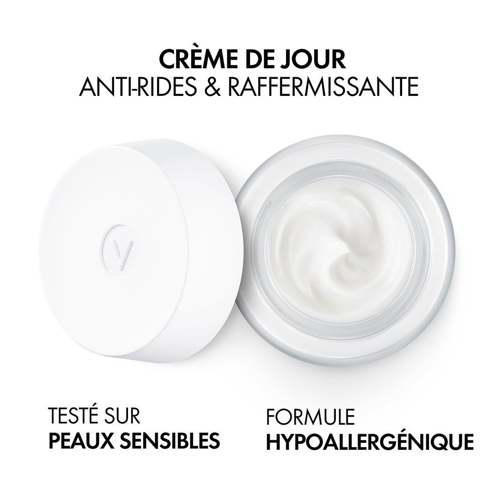 Pot de crème avec couvercle. Inscription : Crème de Jour, Anti-rides & Raffermissante. Testé sur peaux sensibles.