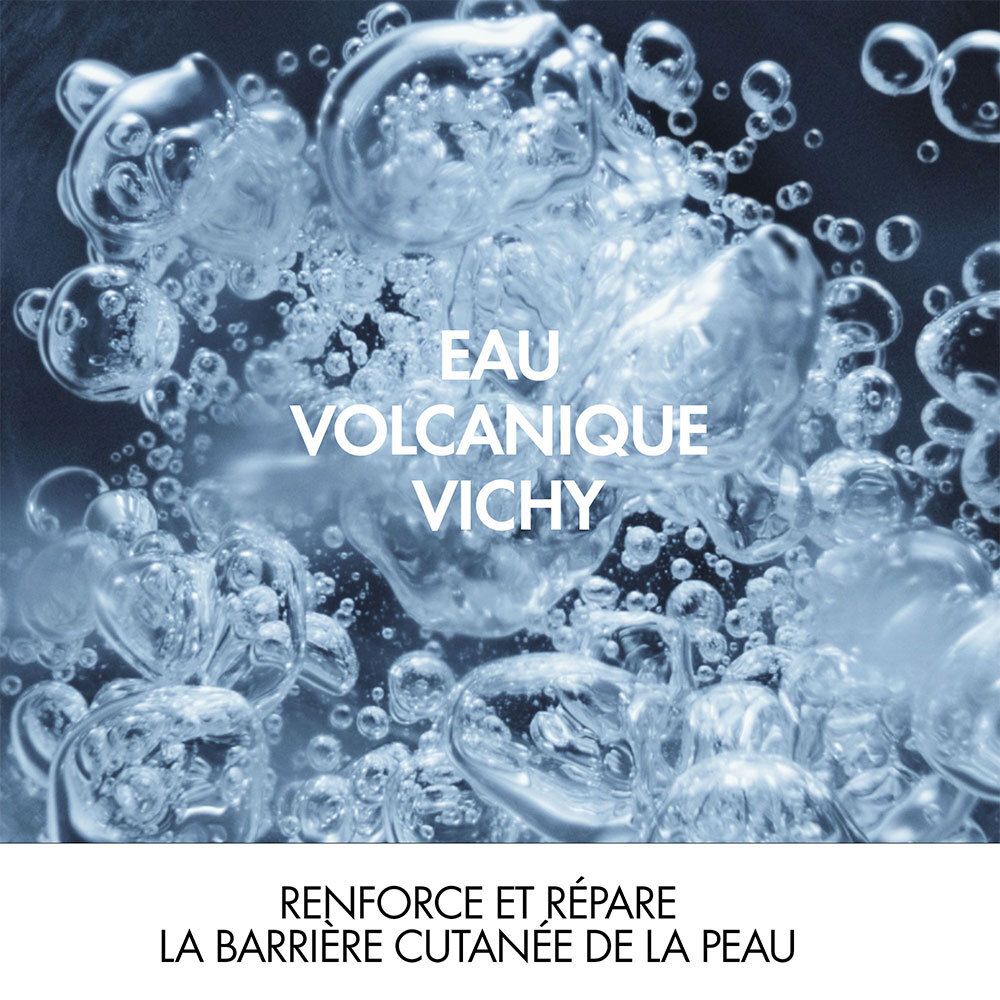 Bulles dans l'eau. Inscription : Eau Volcanique Vichy. Renforce et répare la barrière cutanée.