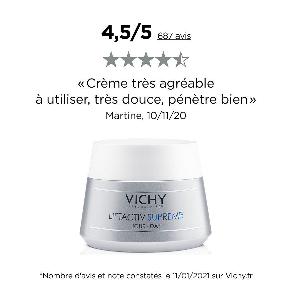 Pot de crème avec couvercle. Inscription : LIFTACTIV SUPREME JOUR-DAY. Évaluation : 4,5/5 étoiles, 687 avis.