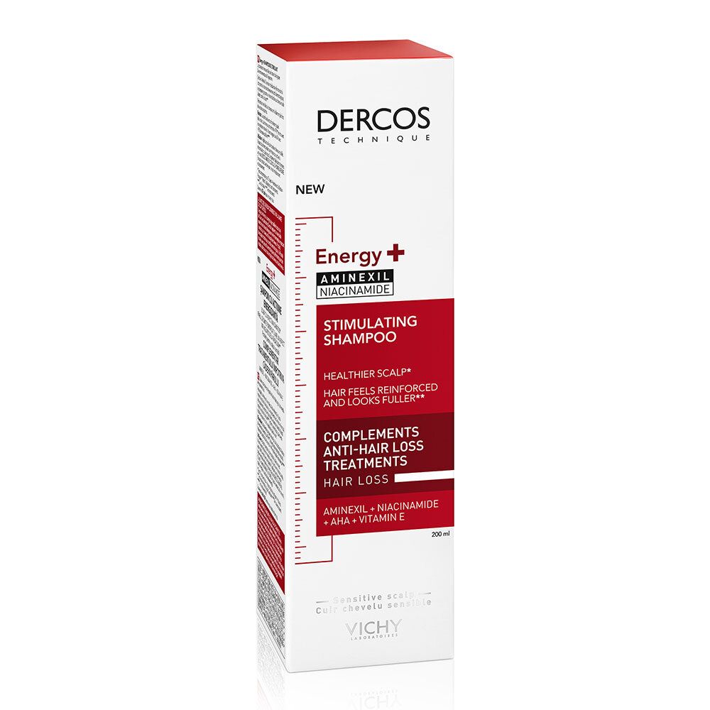 Verpackung für Shampoo. Weiß mit roter Beschriftung. Marke Dercos, Energy+, Aminexil. Neu.