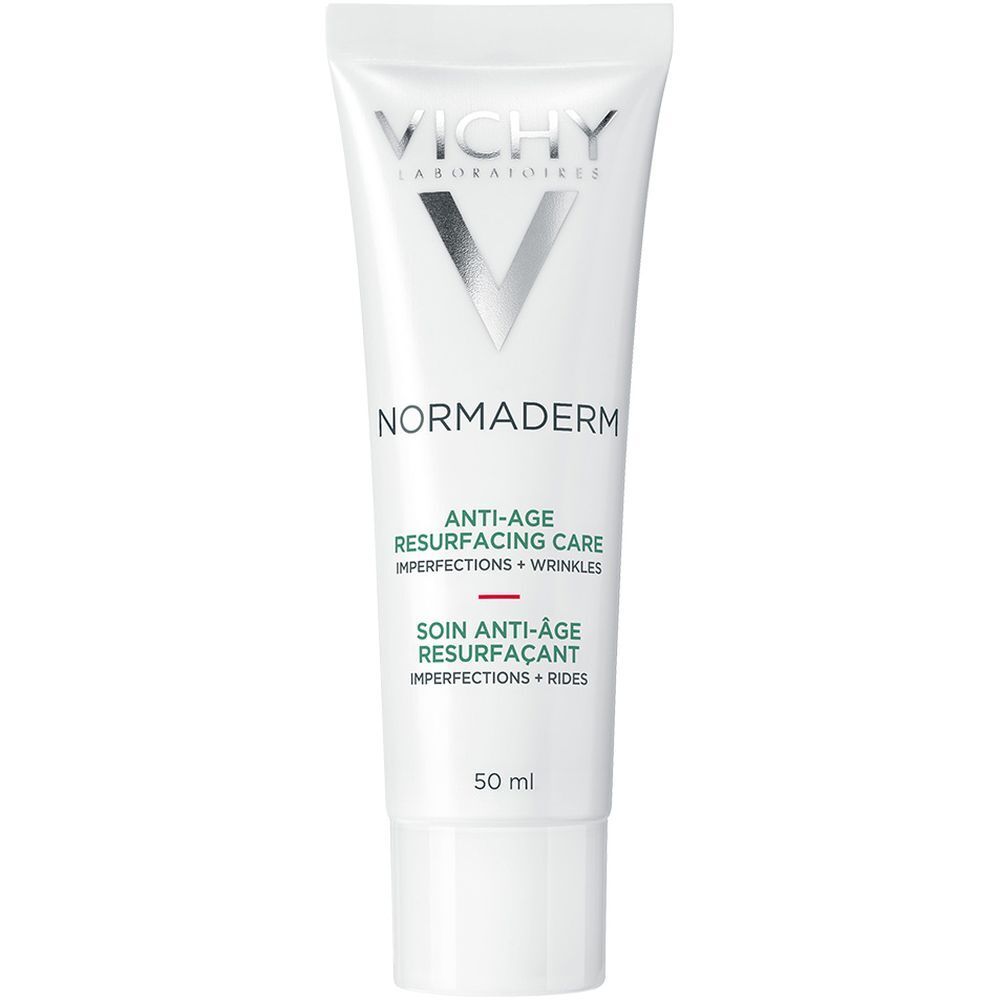 Weiße Tube mit Vichy-Logo und „Normaderm“-Schriftzug. Aufschrift: Anti-Age Resurfacing Care. 50 ml.