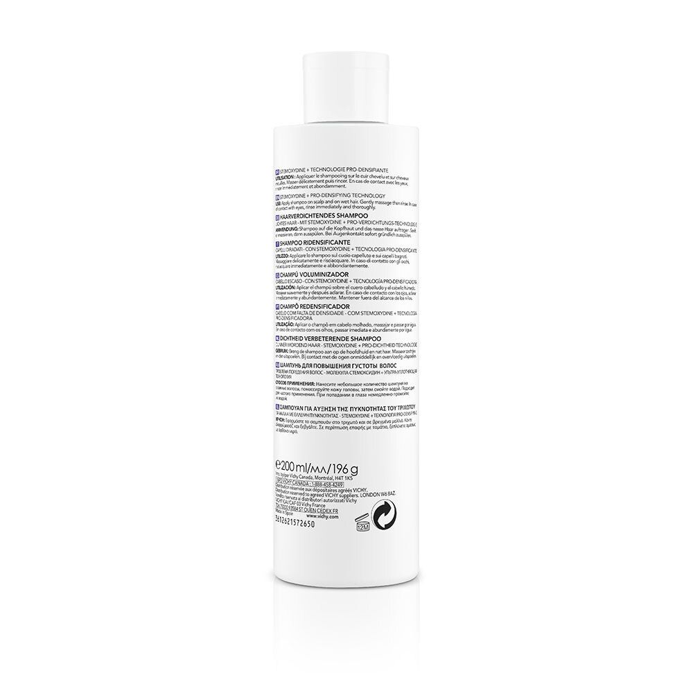 Dos du flacon de shampooing. Texte multilingue. Informations sur les ingrédients et le fabricant.