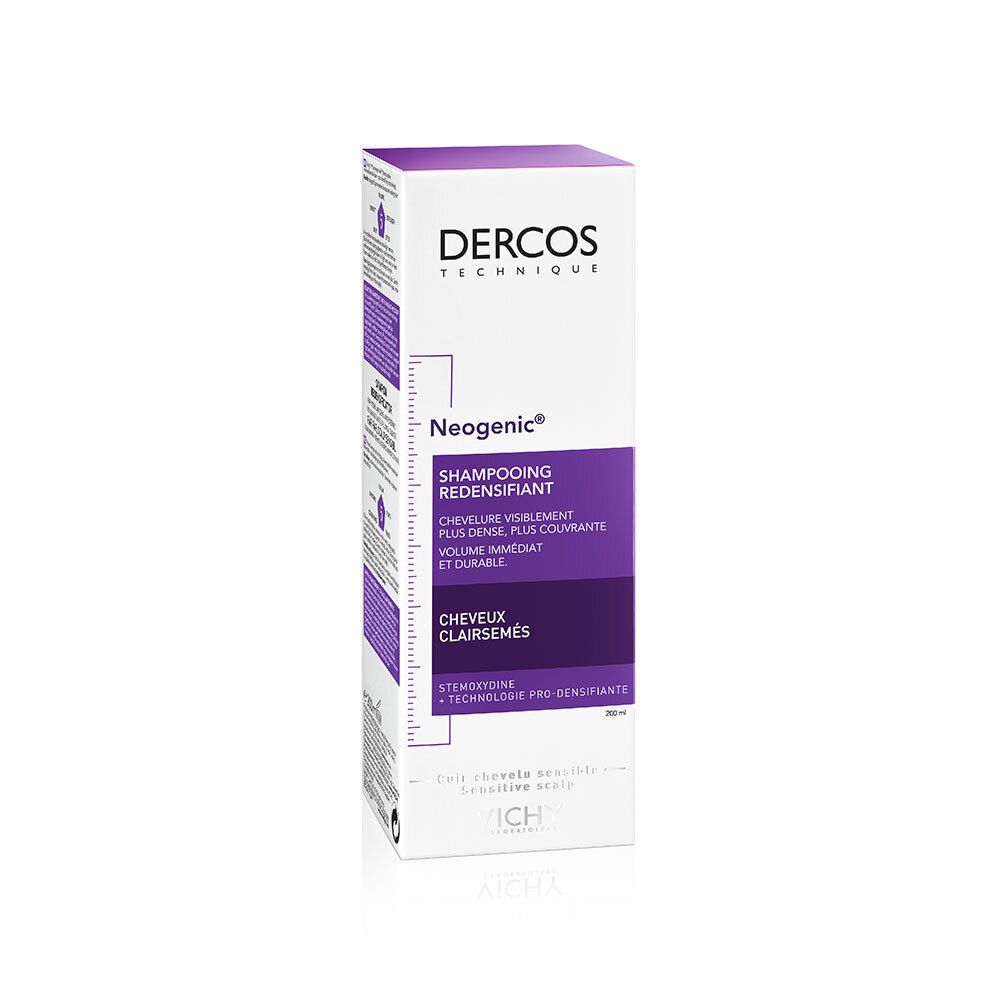 Emballage du shampooing Vichy Dercos Neogenic. Boîte blanche et violette. Inscription: Shampooing Redensifiant.