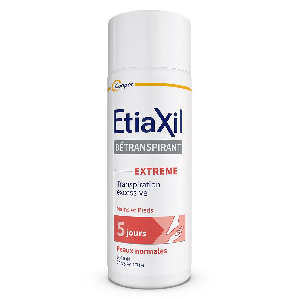 Flacon Etiaxil DÉTRANSPIRANT, blanc. Texte: Extreme, 5 jours, peaux normales. Marque Cooper. Lotion sans parfum.